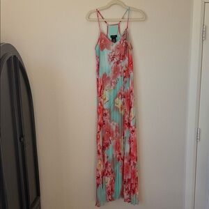 B Darlin Floral Maxi Dress Coral Aqua Spaghetti Strap Flowing Missing Belt